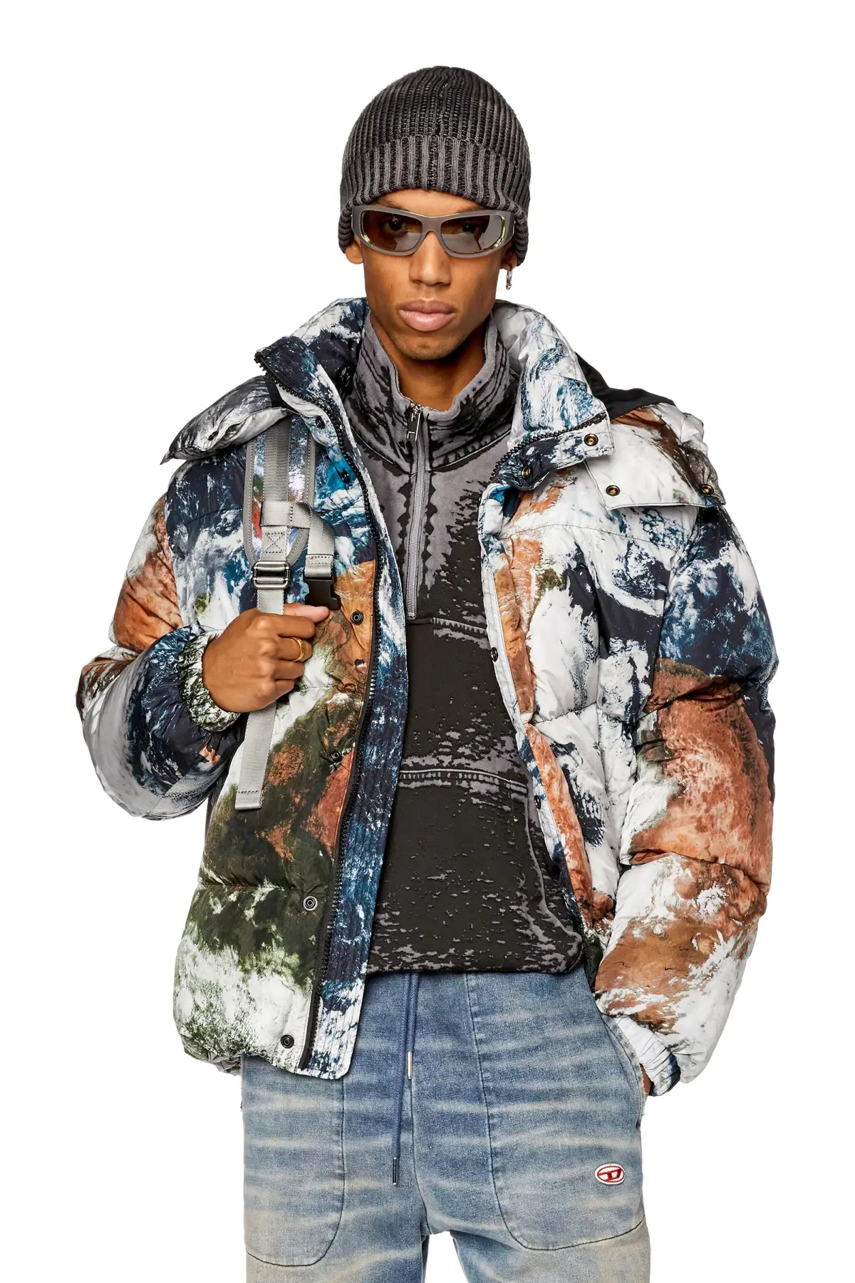 Multicolor Padded jacket with Planet print