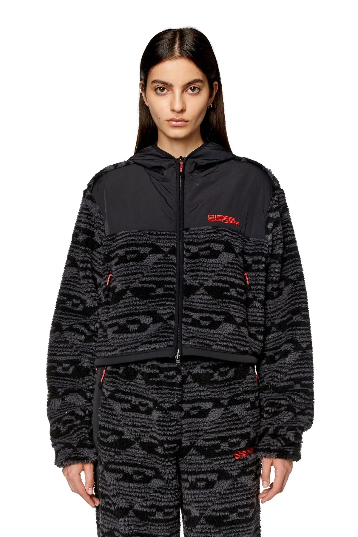 Black Zip-up hoodie in teddy-fleece and nylon