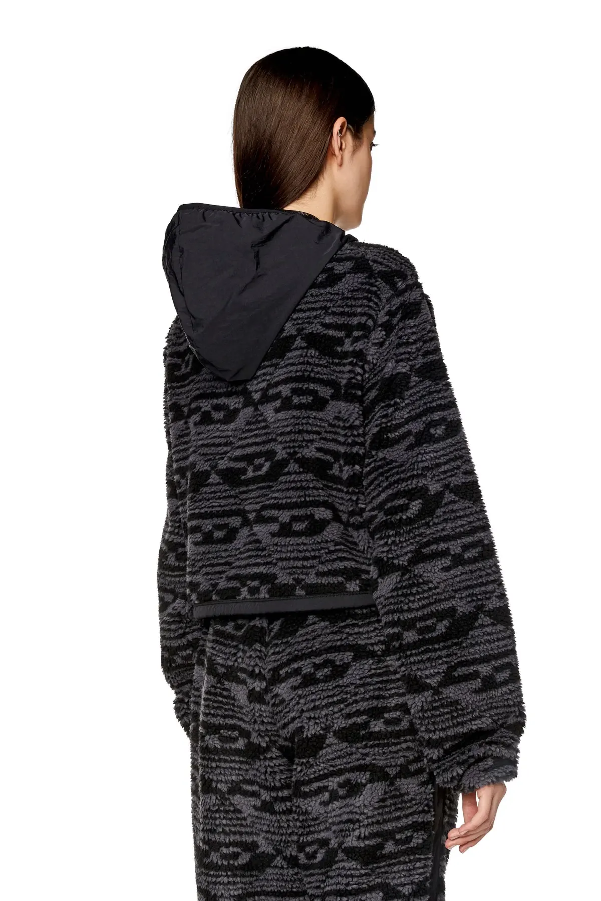 Black Zip-up hoodie in teddy-fleece and nylon