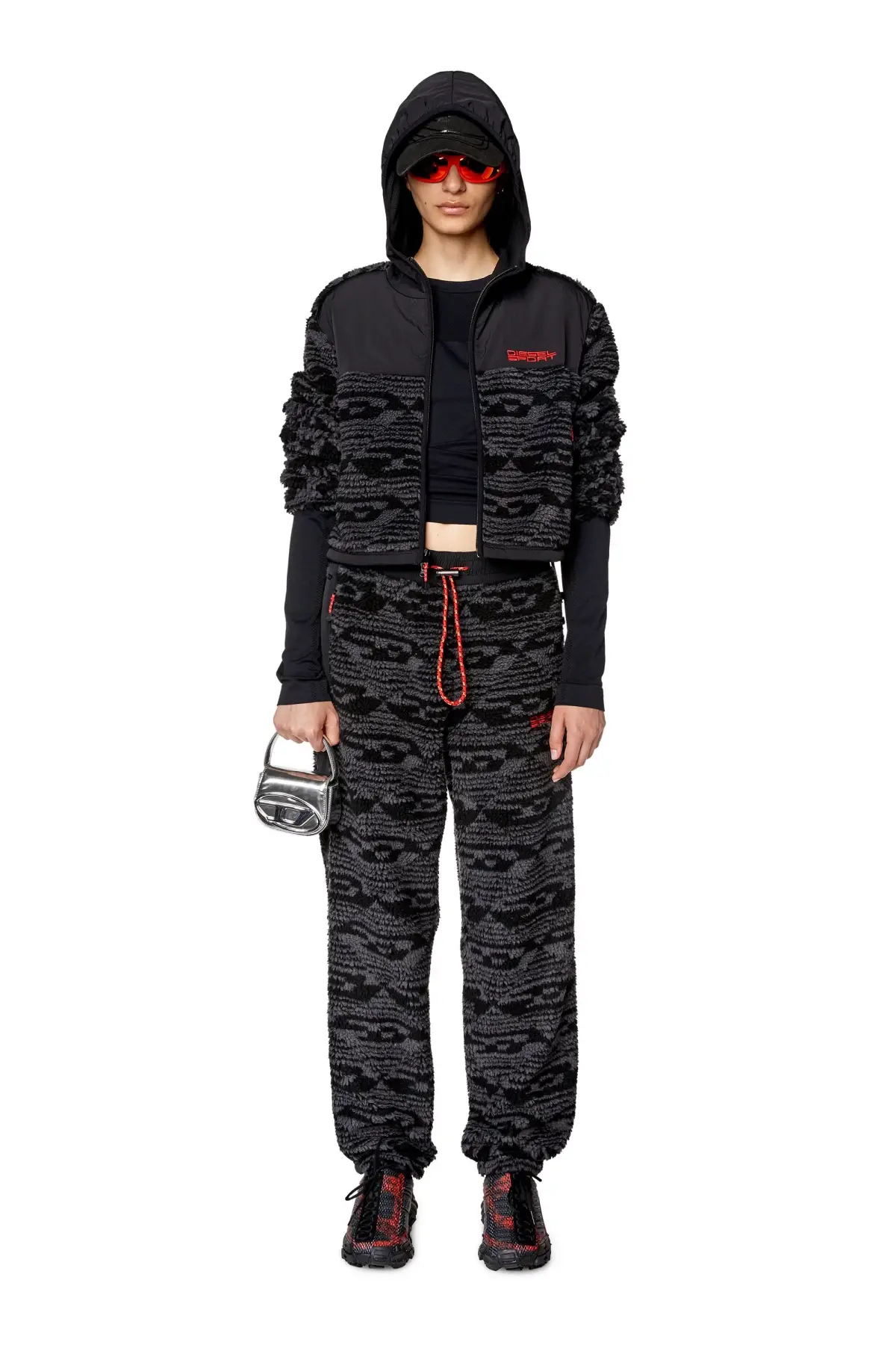 Black Zip-up hoodie in teddy-fleece and nylon