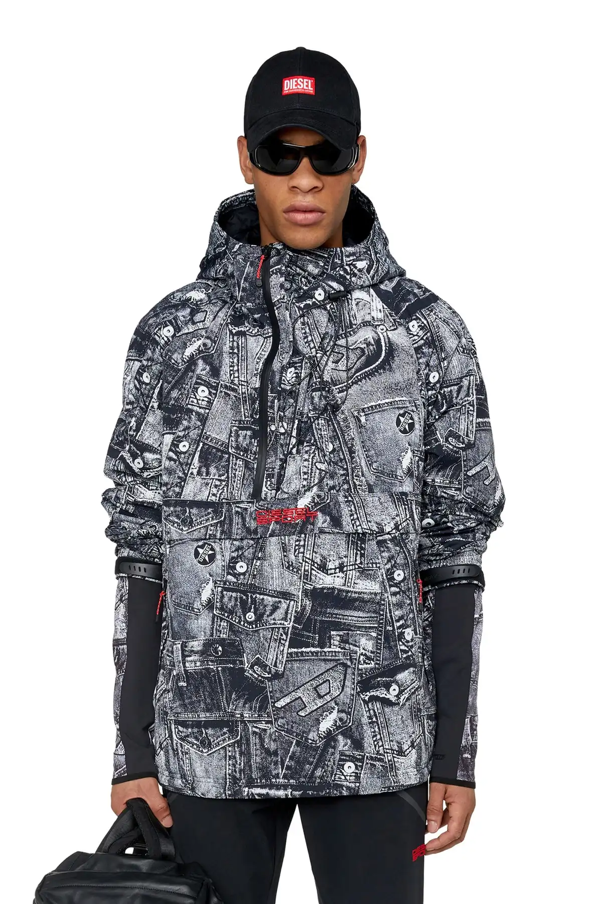 Black Padded hooded anorak with graphic print