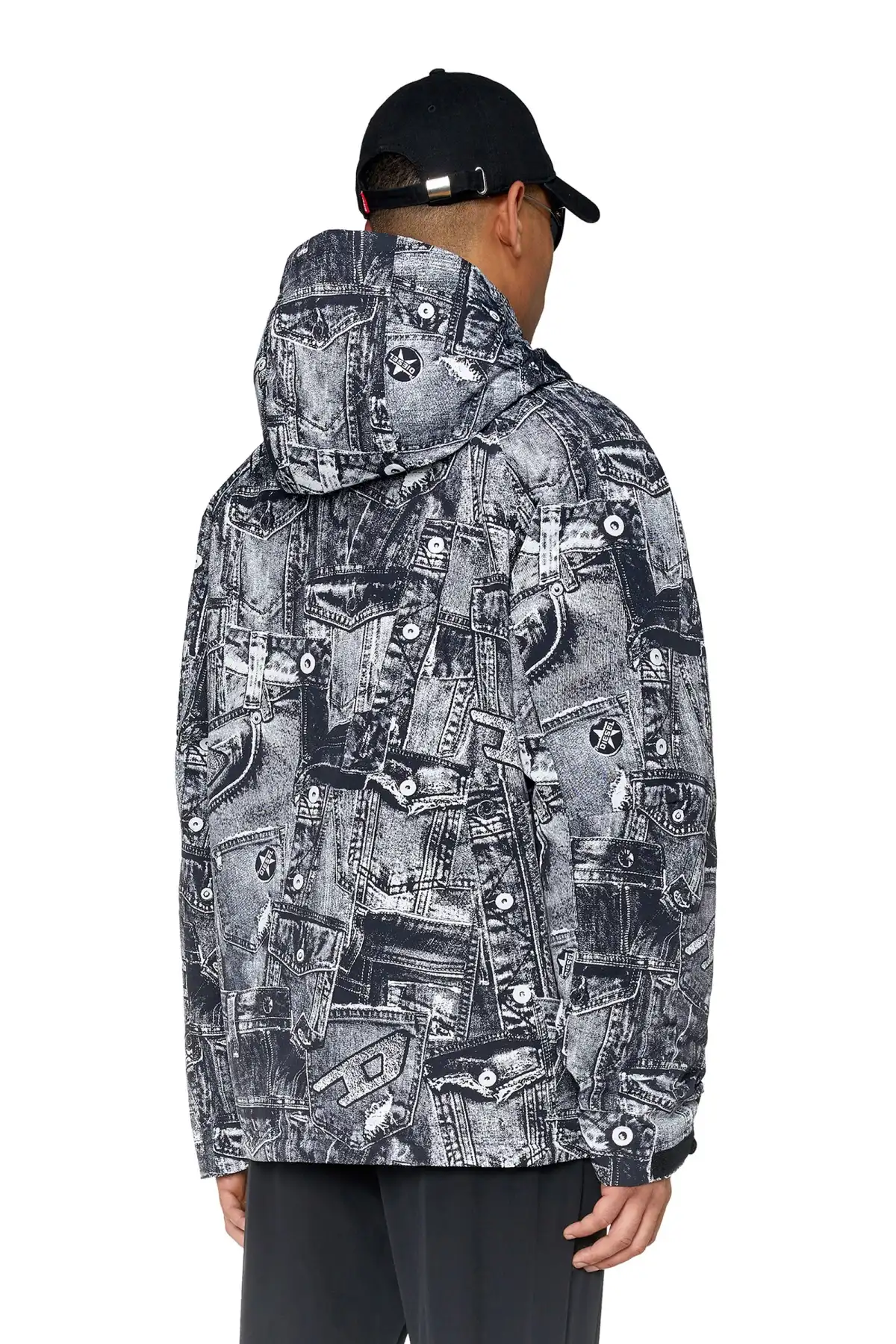 Black Padded hooded anorak with graphic print