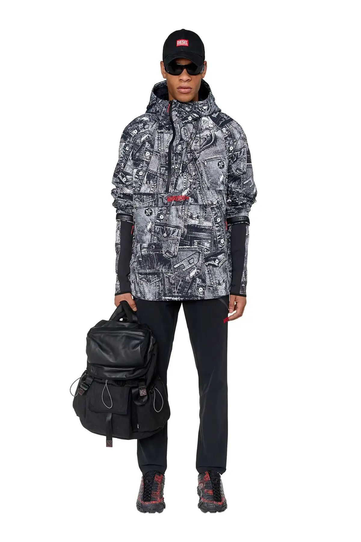Black Padded hooded anorak with graphic print