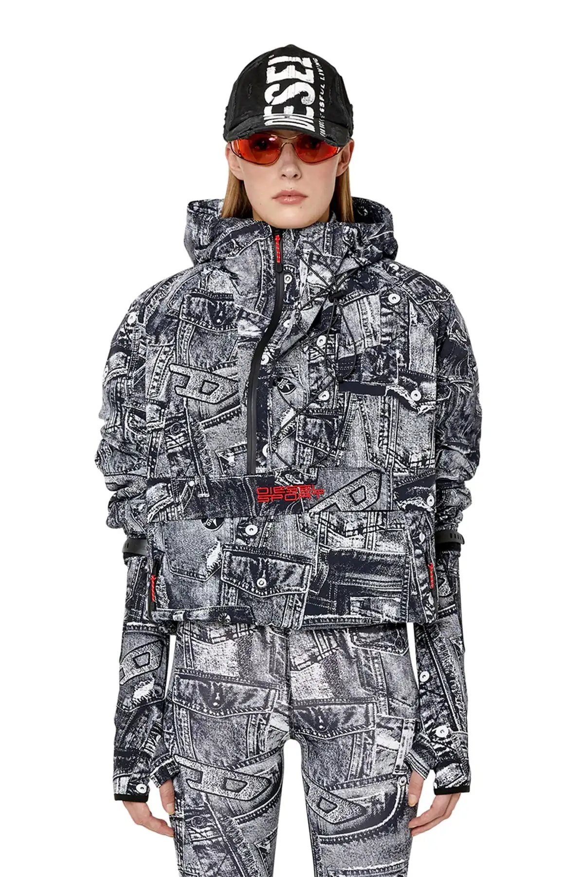 Black Padded hooded anorak with graphic print