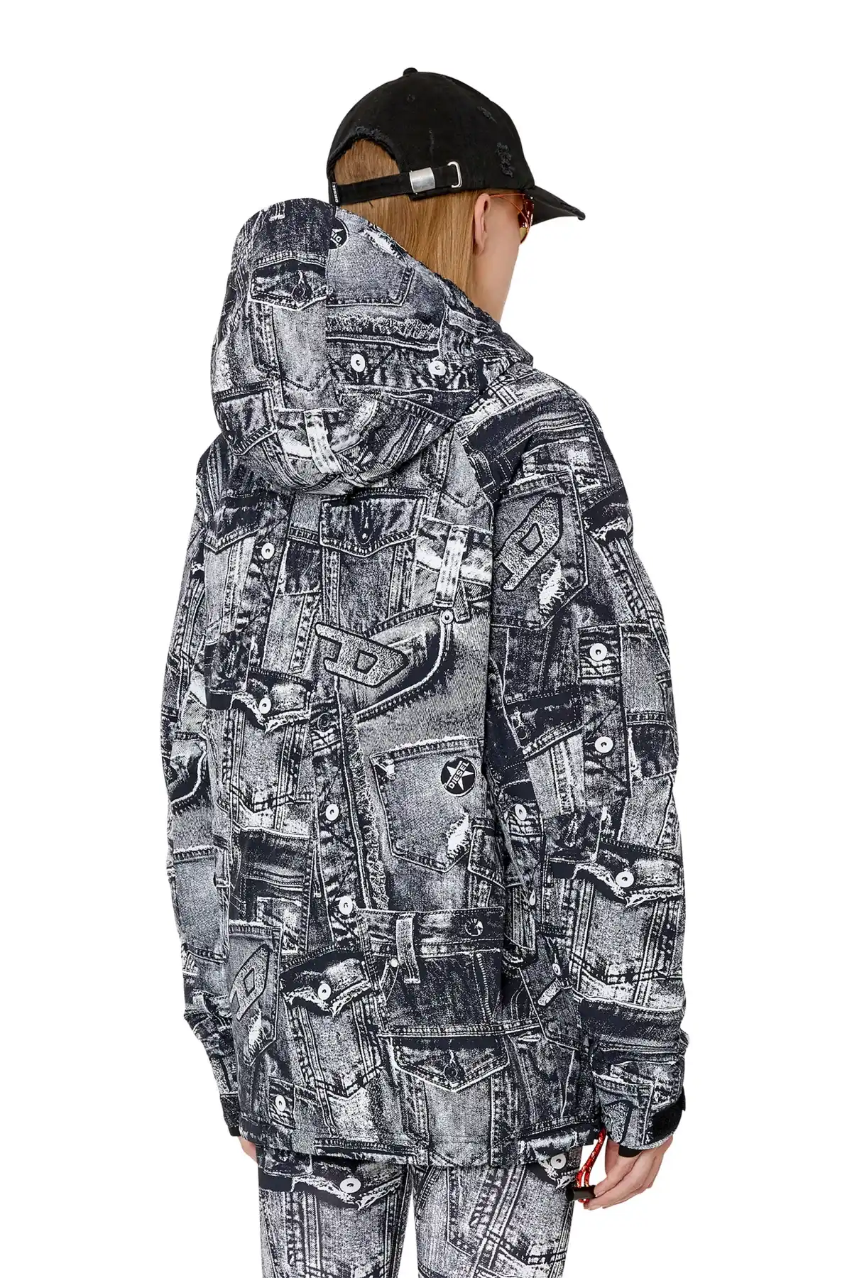 Black Padded hooded anorak with graphic print