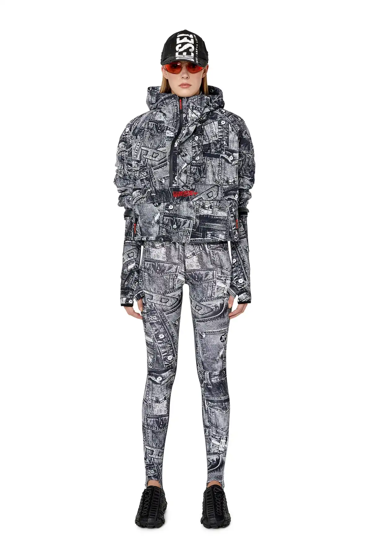 Black Padded hooded anorak with graphic print