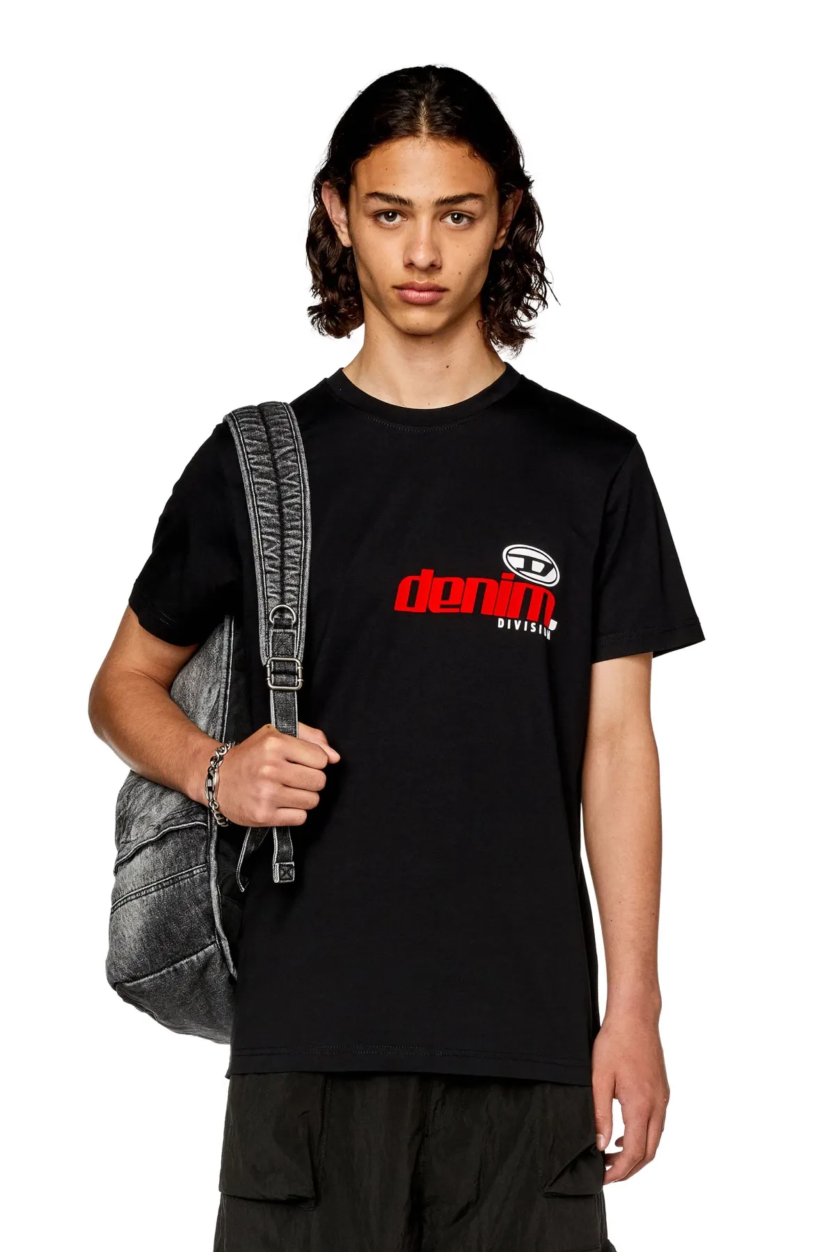 Black T-shirt with shiny and flocked print