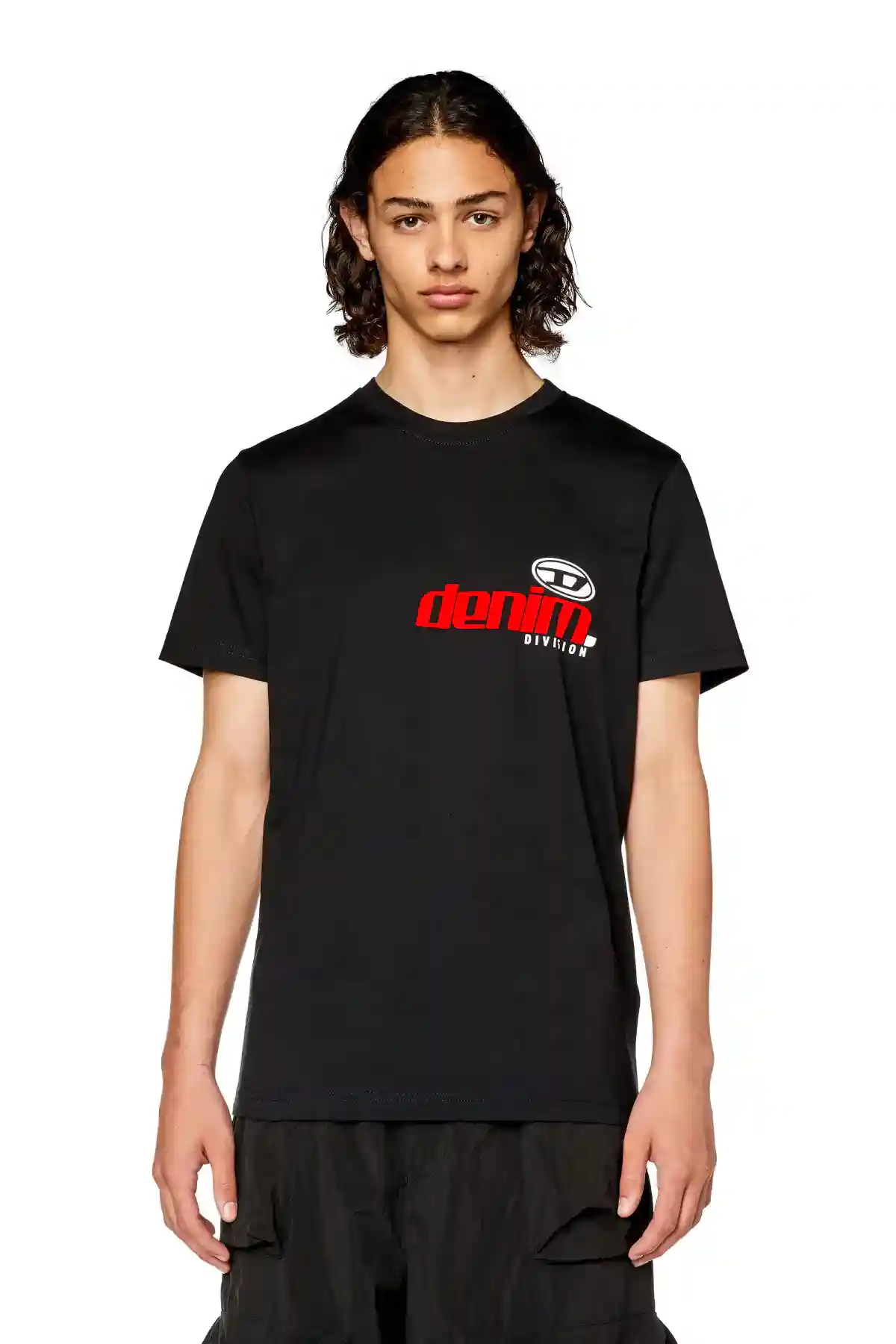 Black T-shirt with shiny and flocked print