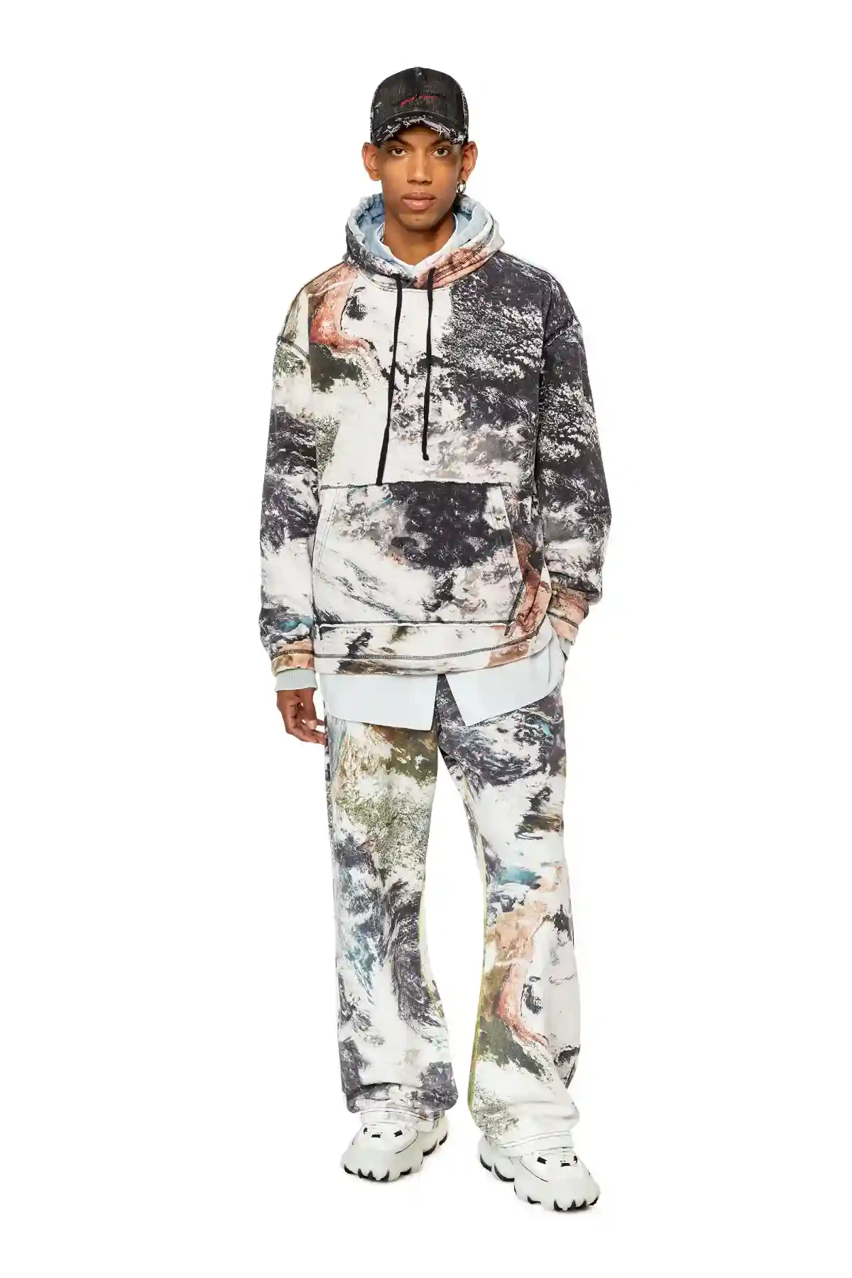 Multicolor Oversized faded hoodie with planet print