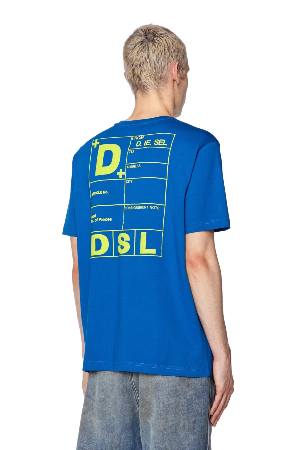 Blue T-shirt with DSL shipping slip print