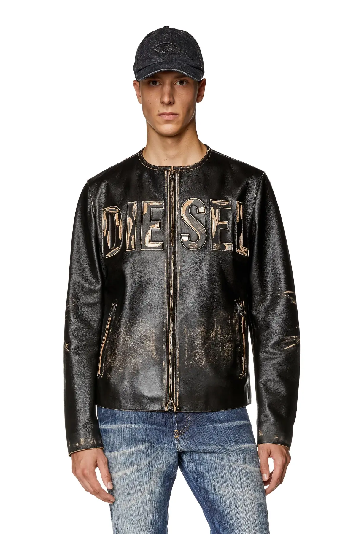 Black Distressed leather jacket with metal logo