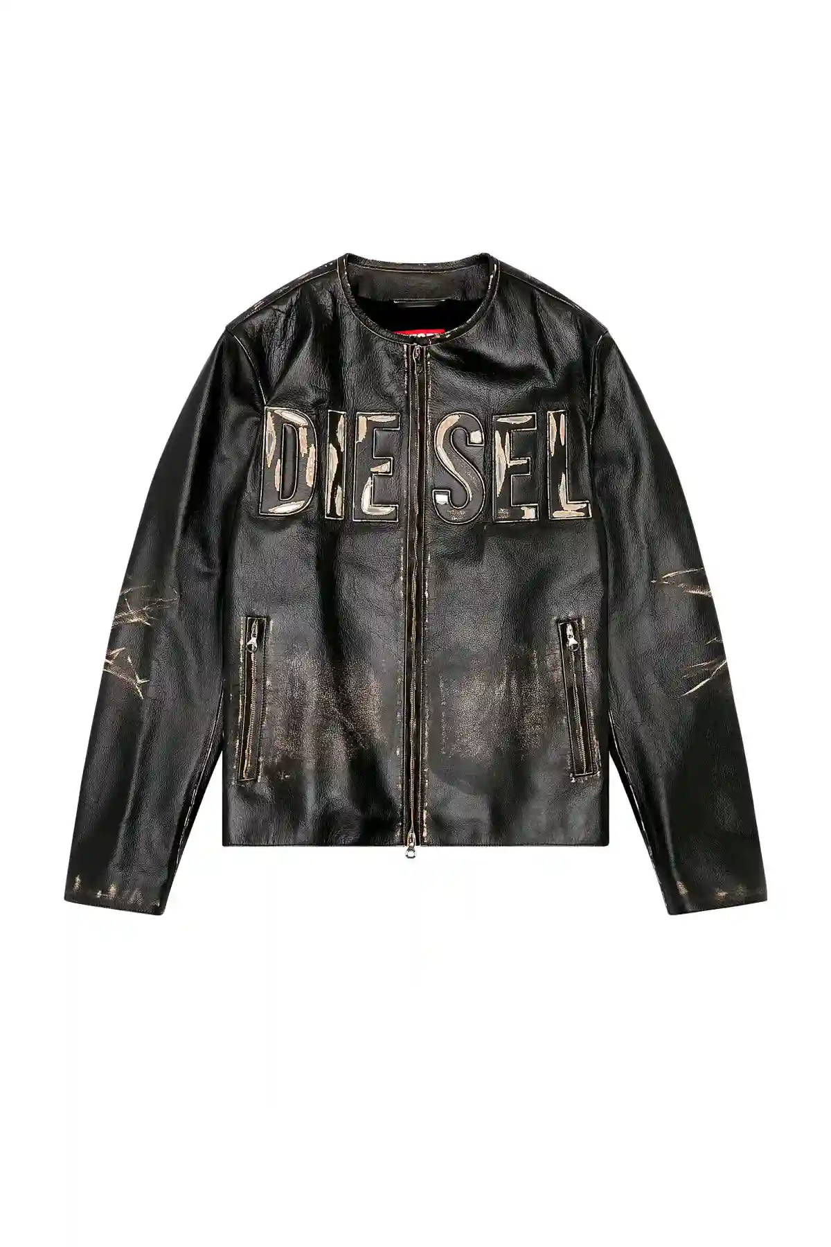 Black Distressed leather jacket with metal logo