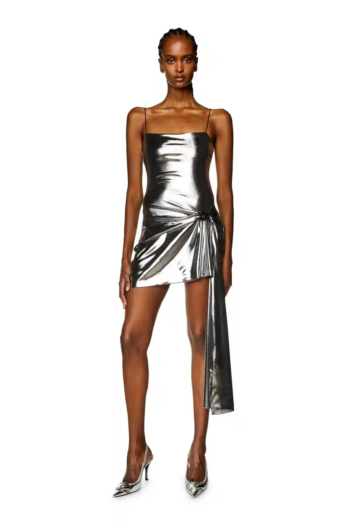 Silver Short metallic dress with draped panel