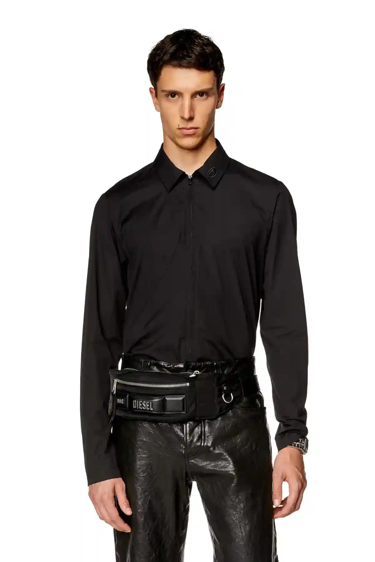 Black Logo-embroidered zip shirt