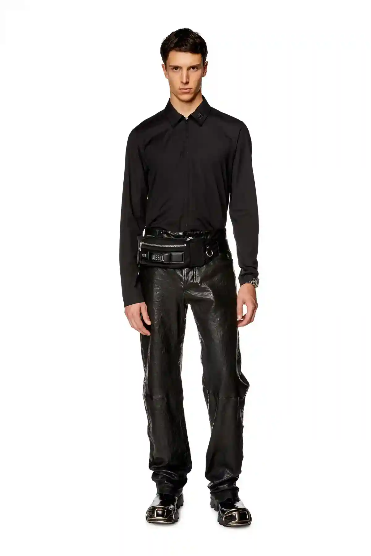Black Logo-embroidered zip shirt