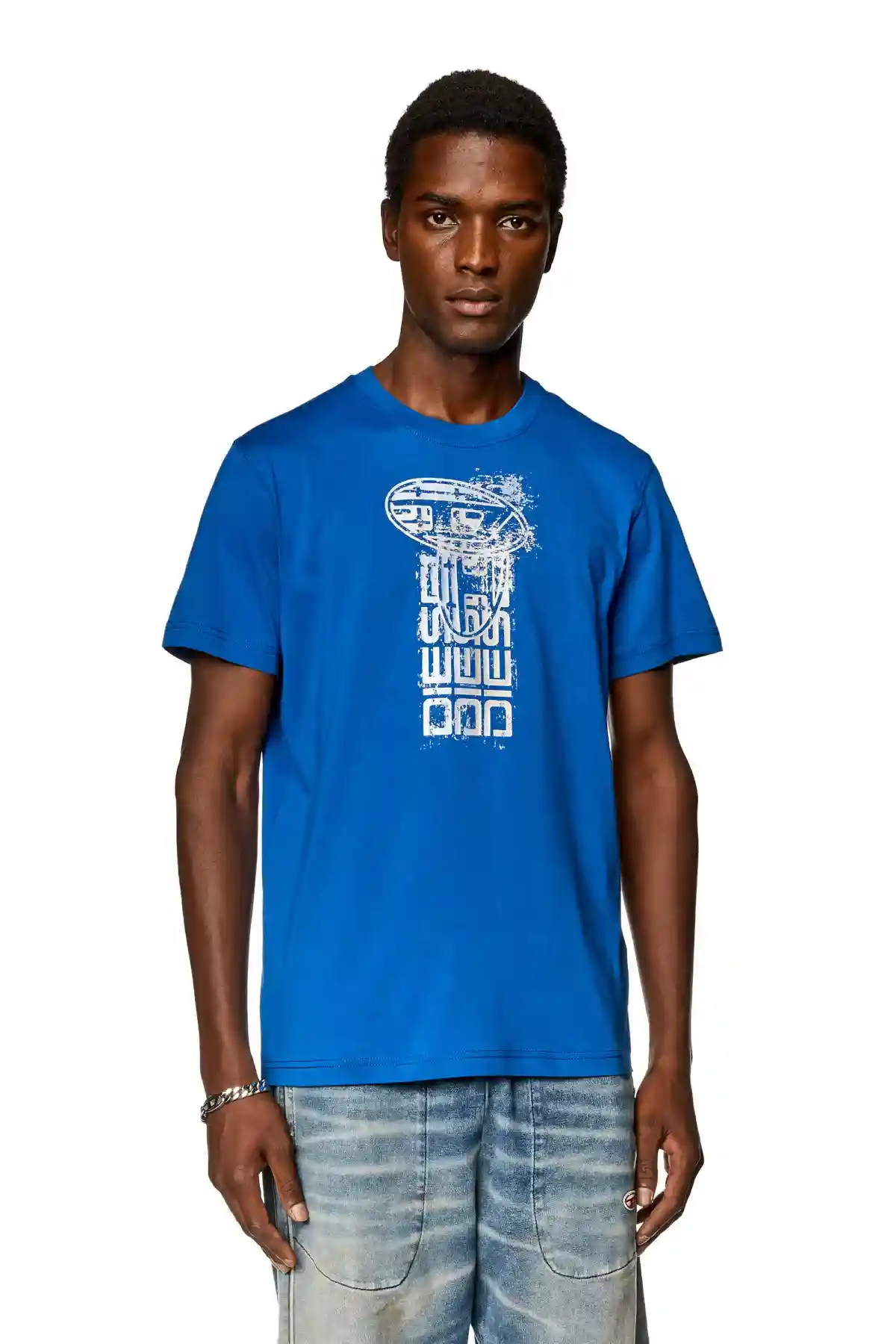 Blue T-shirt with metallic logos
