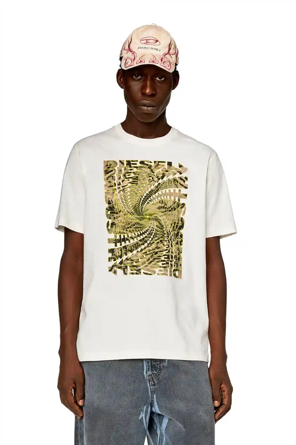 White T-shirt with zebra-camo optical logo print