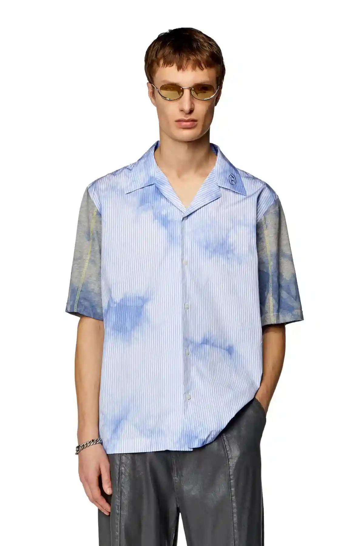 Blue Tie-dyed poplin and jersey bowling shirt