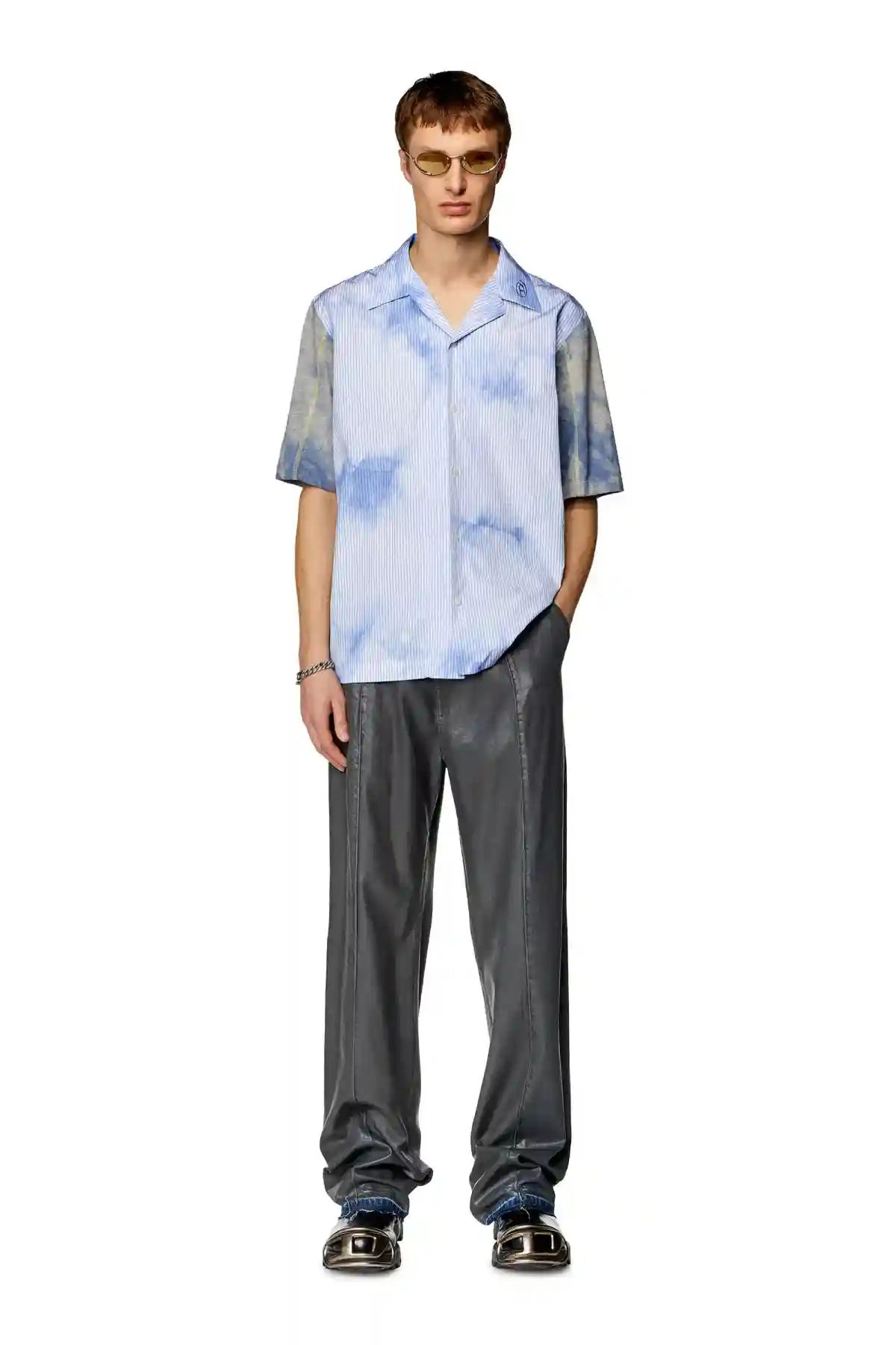 Blue Tie-dyed poplin and jersey bowling shirt