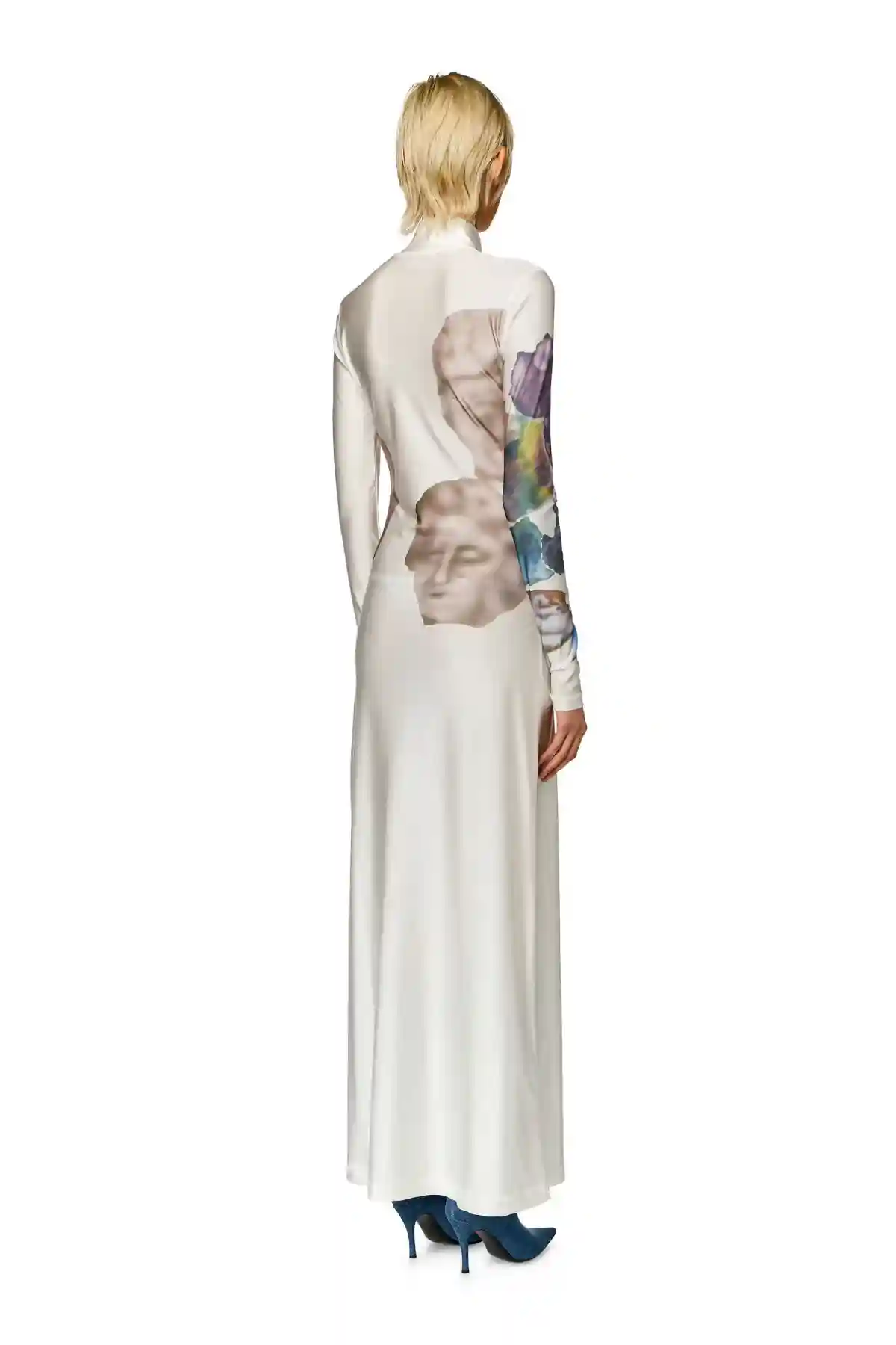 White Long turtleneck dress with graphic prints