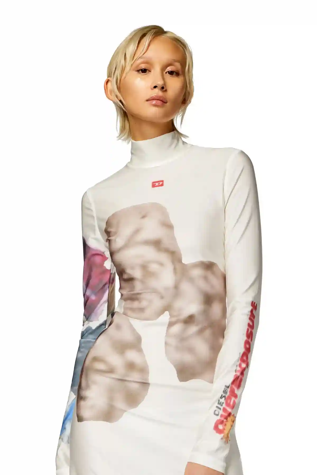 White Long turtleneck dress with graphic prints