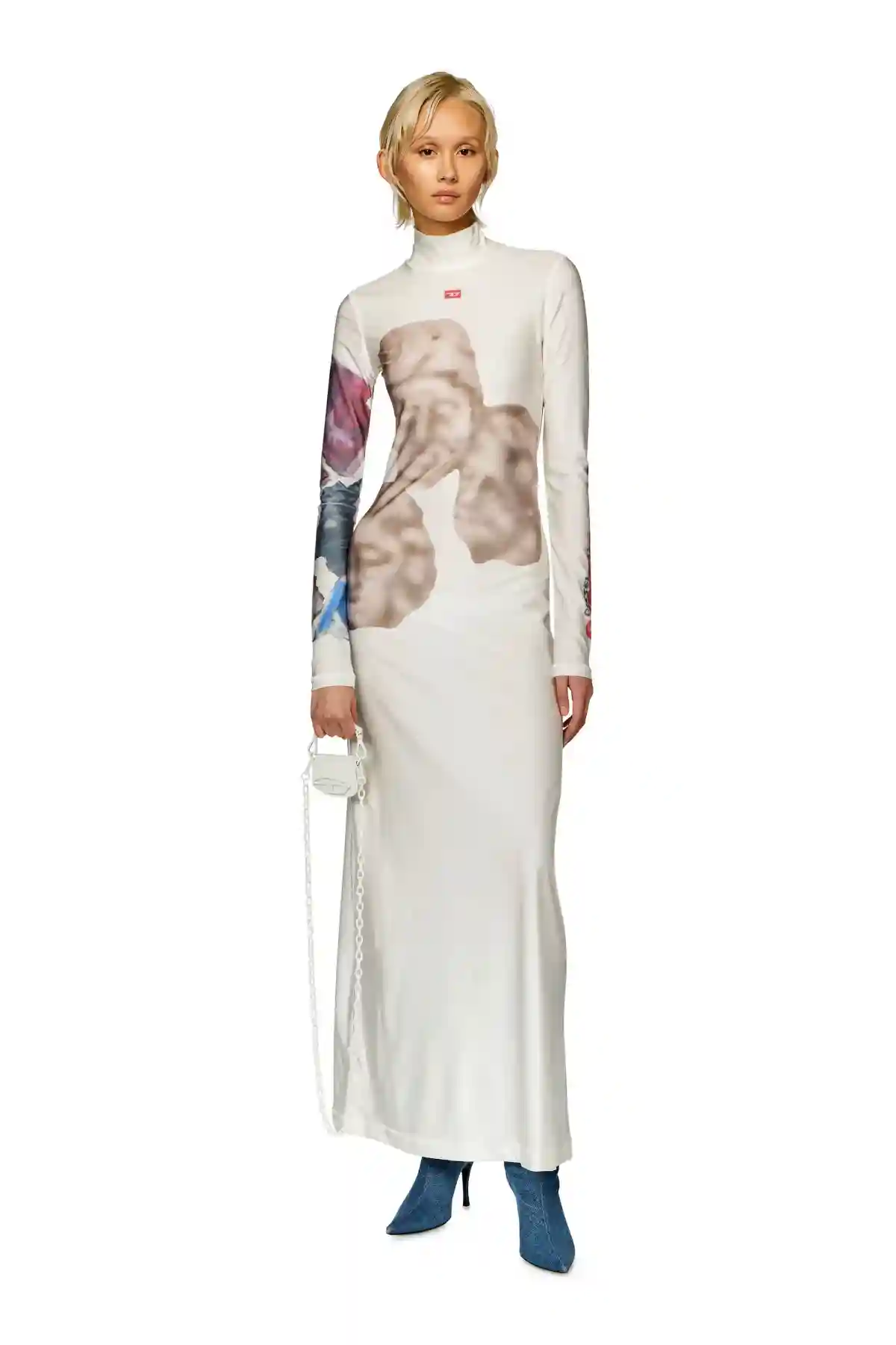 White Long turtleneck dress with graphic prints