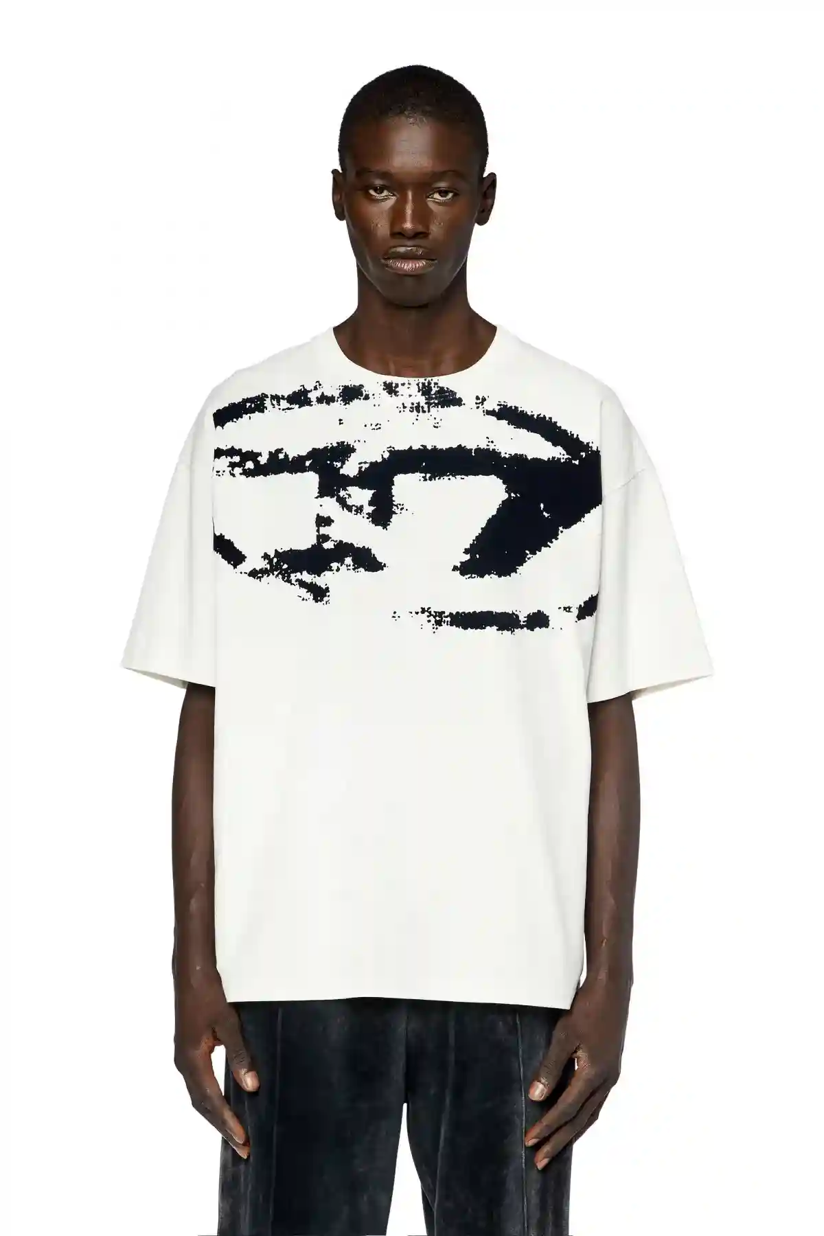 White T-shirt with distressed flocked logo