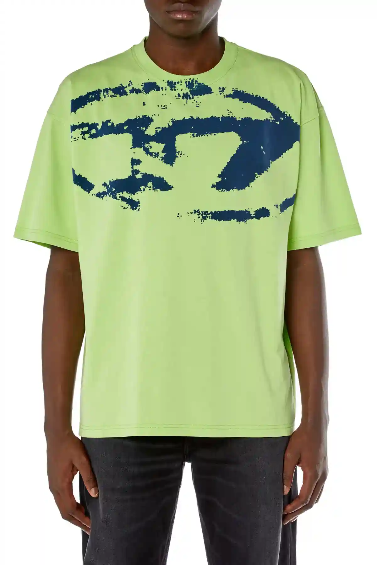 green T-shirt with distressed flocked logo