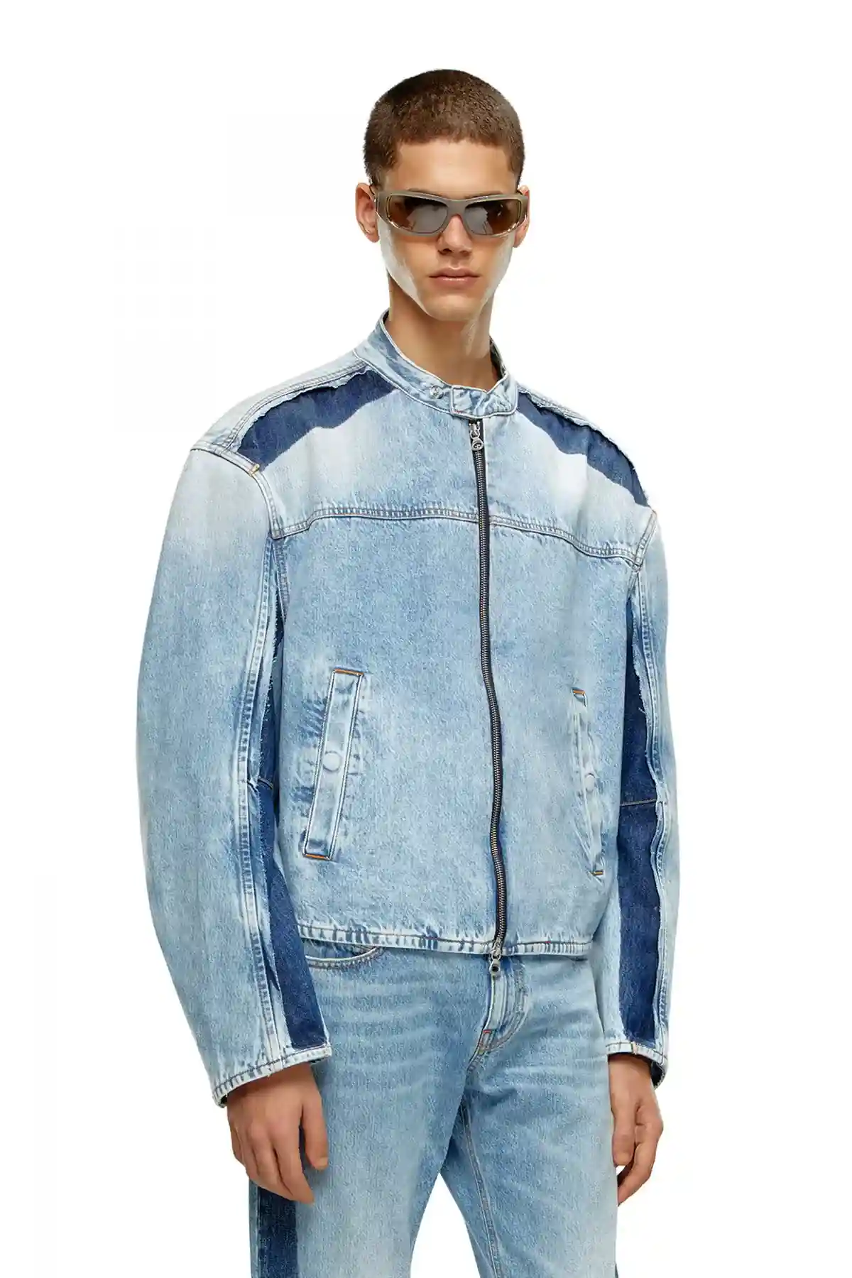 Light Blue Zipped jacket in two-tone denim