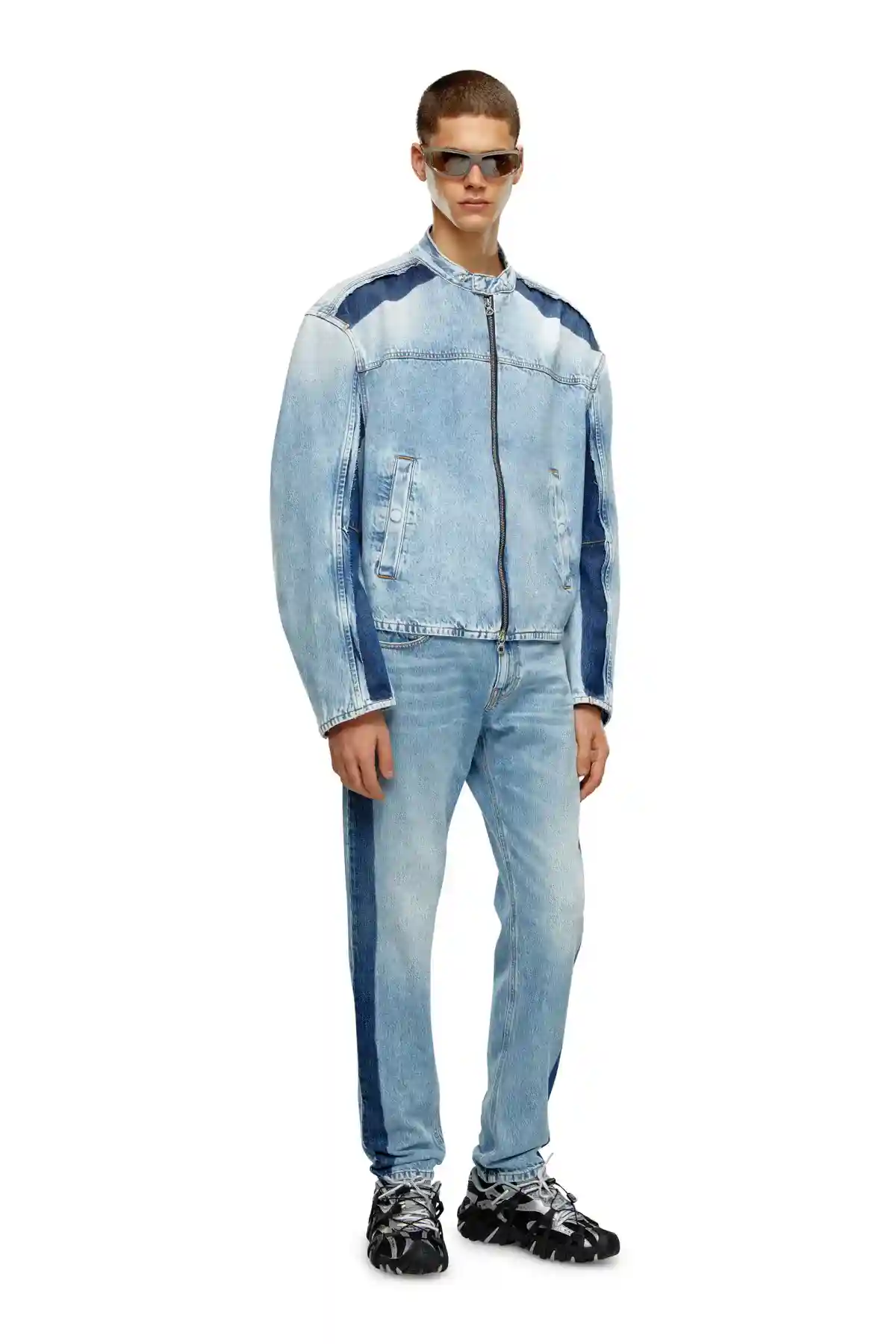 Light Blue Zipped jacket in two-tone denim