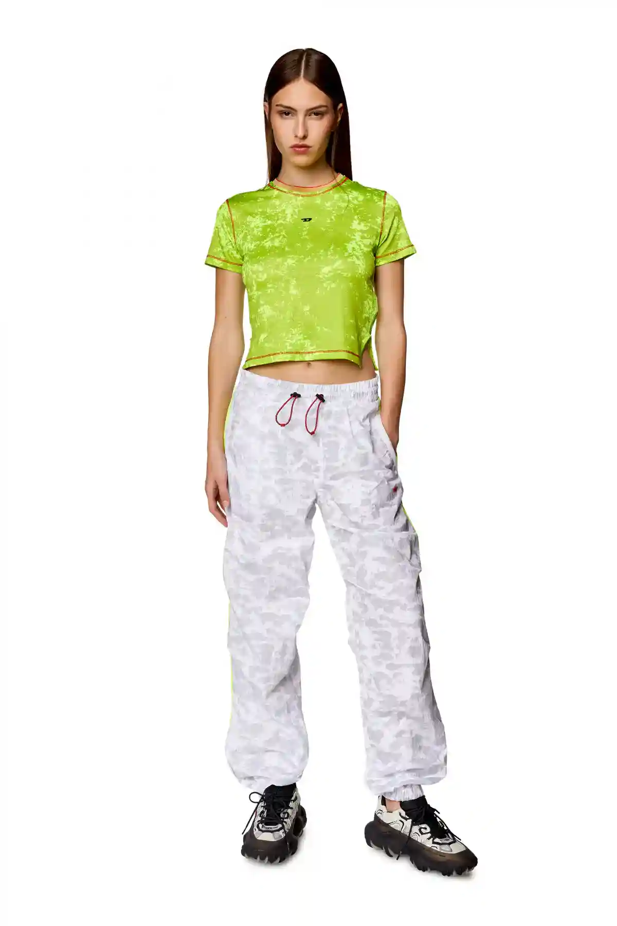 Green Fluo Cropped T-shirt with cloudy print