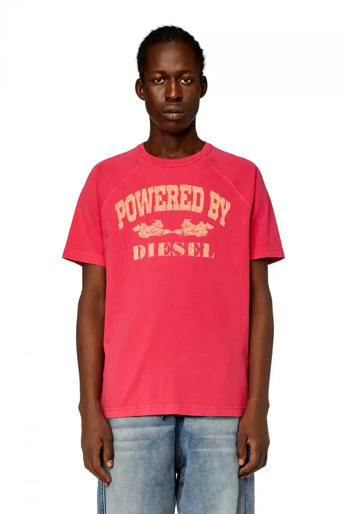 Pink T-shirt with flocked slogan print