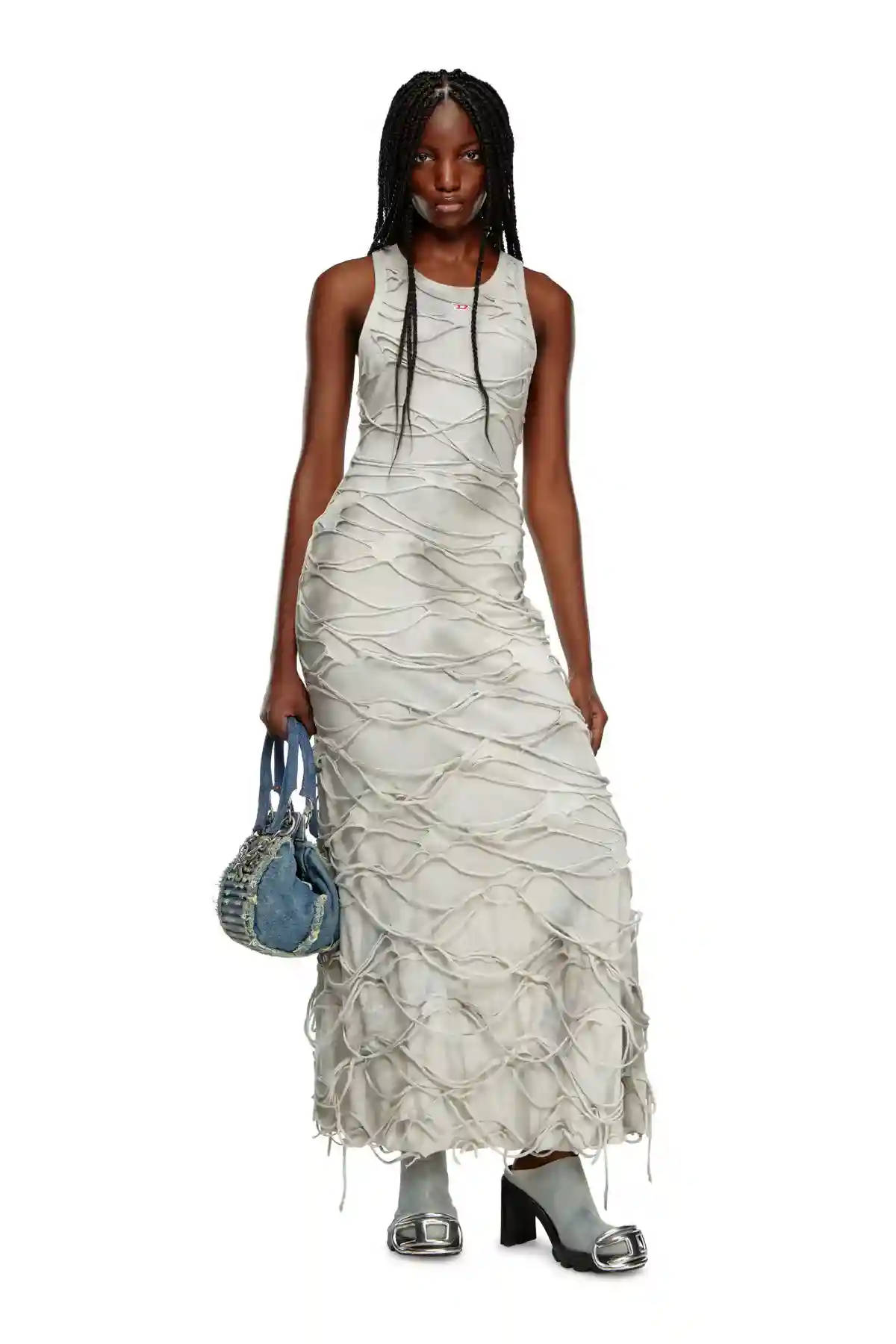 Grey Long tank dress with floating strands