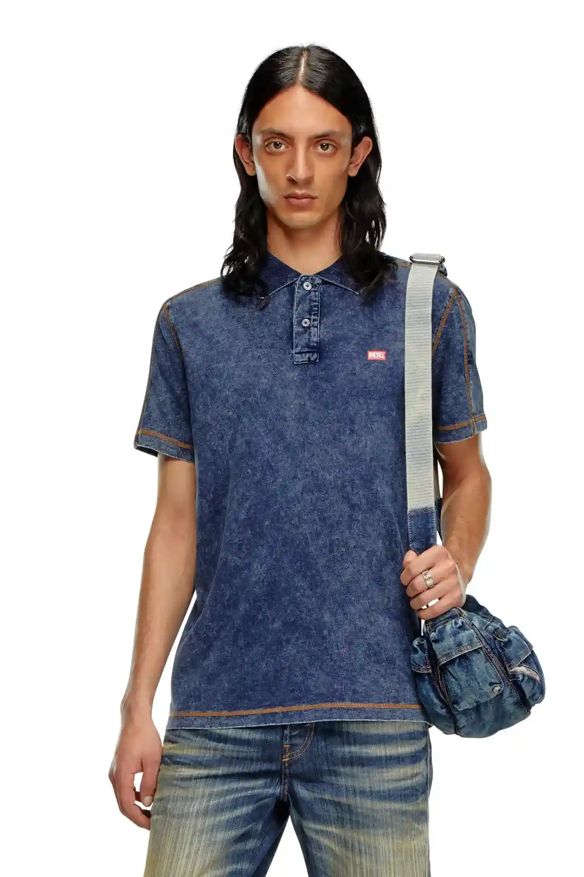 Blue Polo shirt in denim-effect jersey
