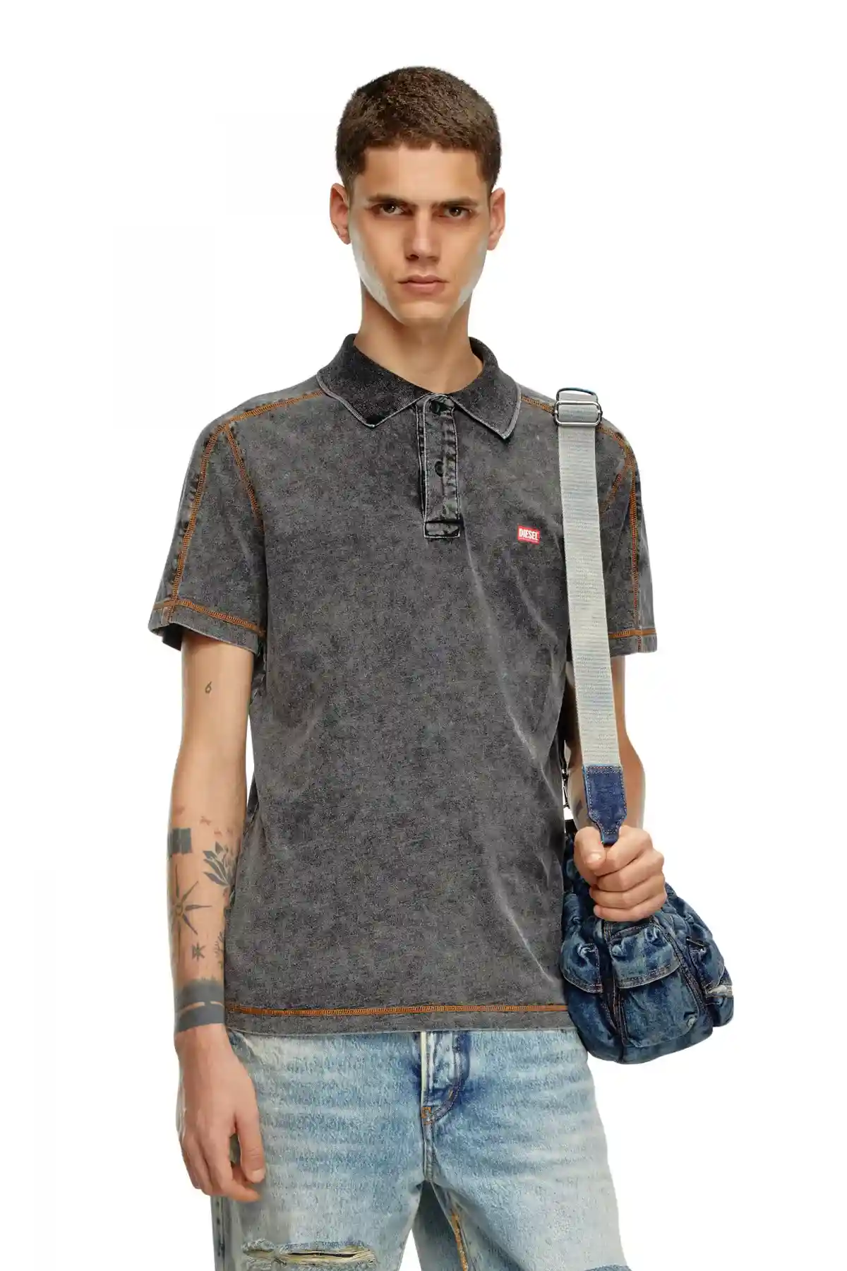 Grey Polo shirt in denim-effect jersey