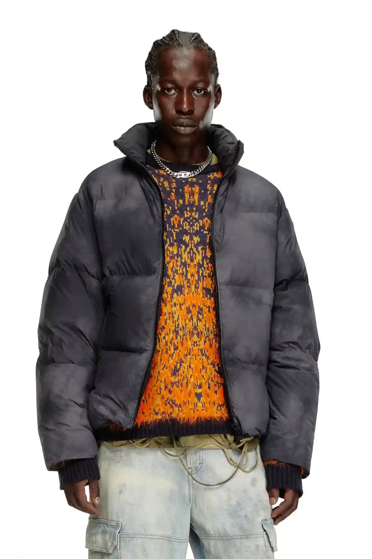 Black Hooded down jacket in patchy nylon