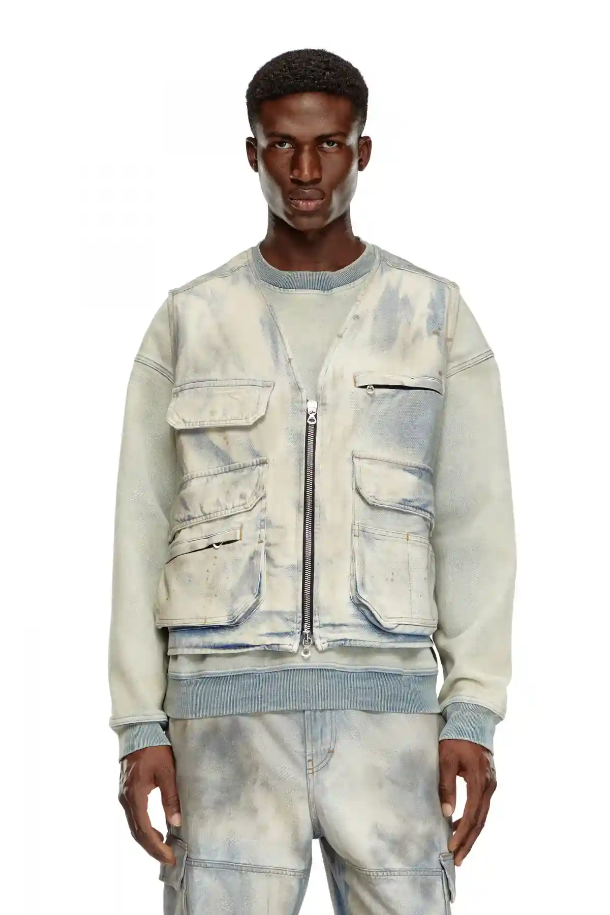 Multi Sleeveless jacket in solarised denim