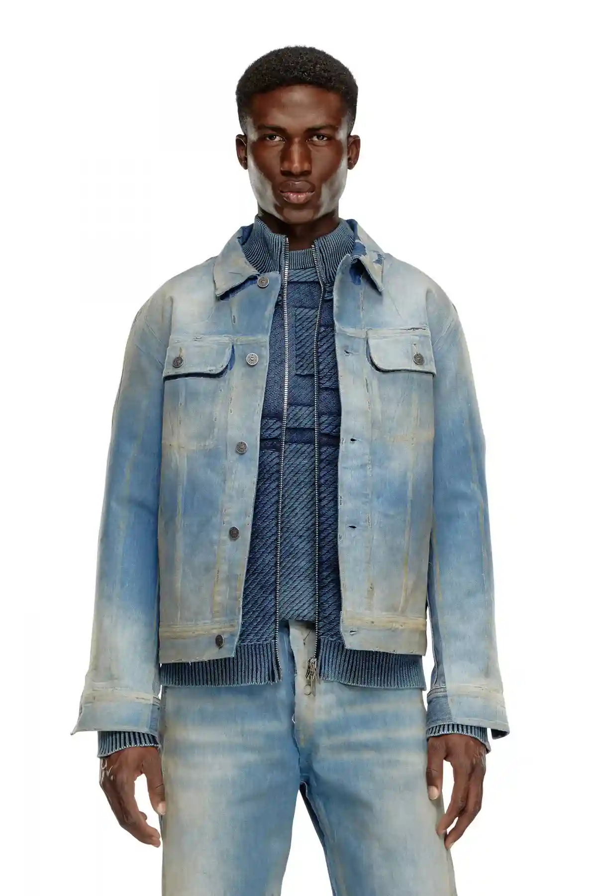 Blue Trucker jacket in peel-off denim