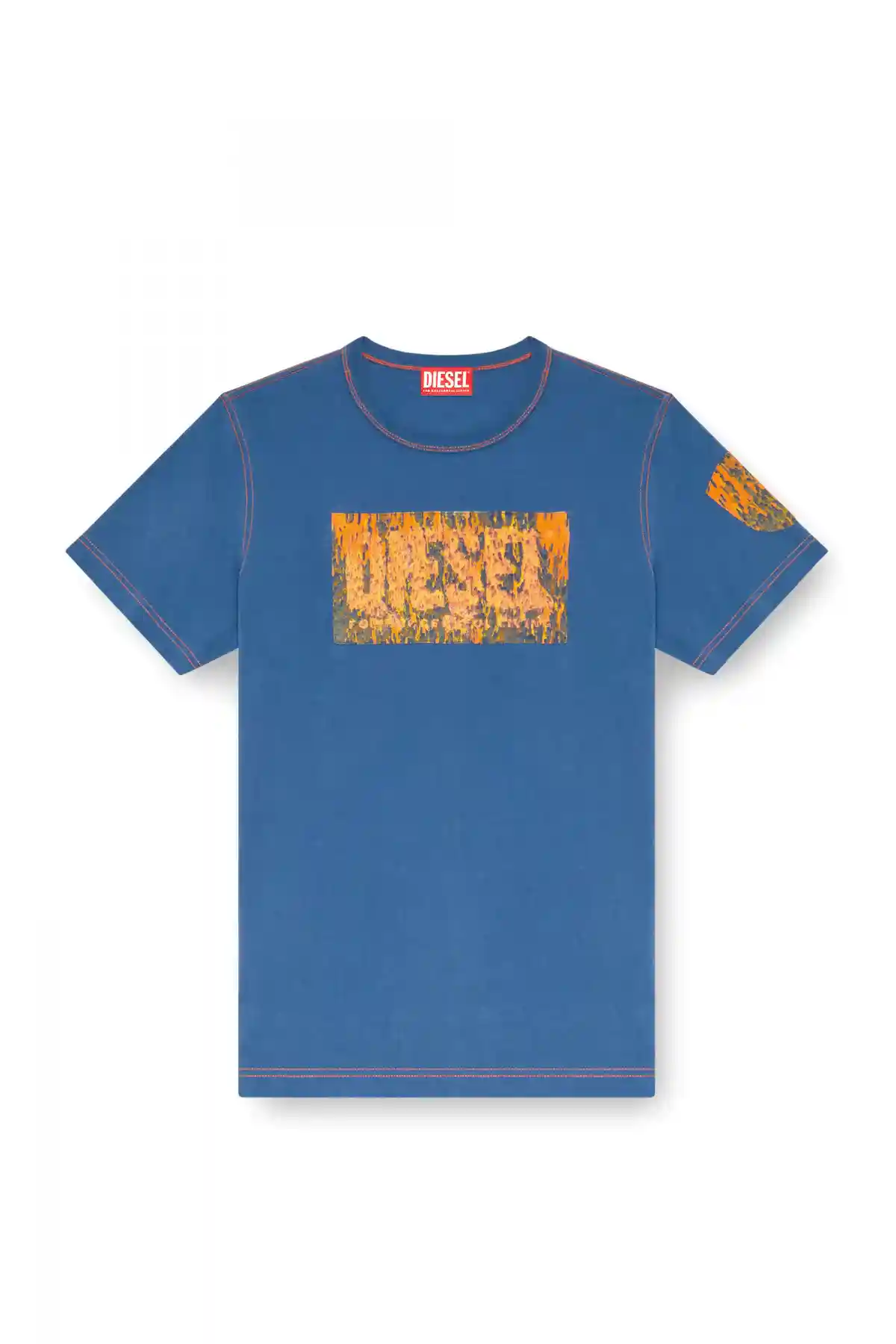 blue T-shirt with graphic patches