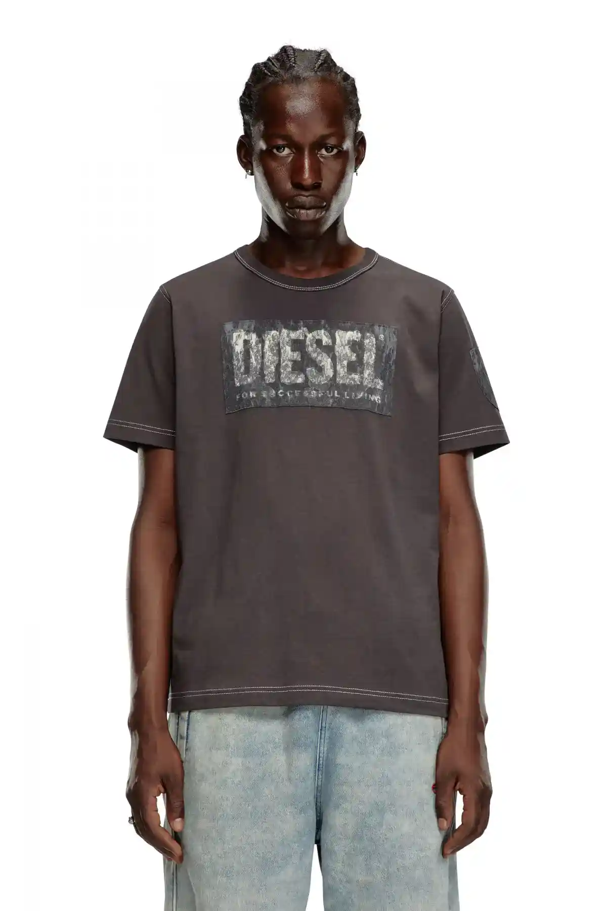 grey T-shirt with graphic patches