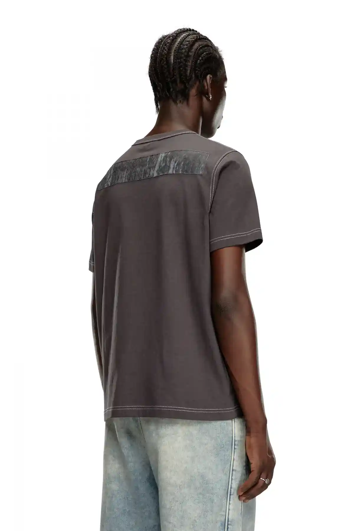 grey T-shirt with graphic patches