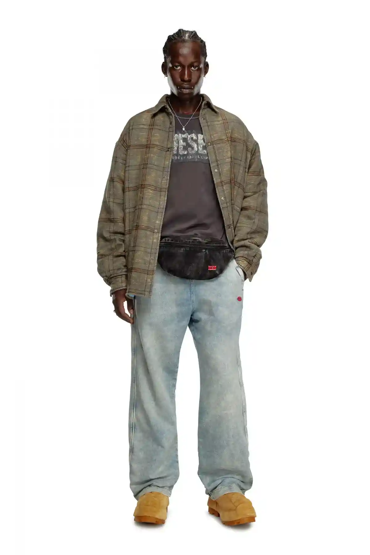 grey T-shirt with graphic patches