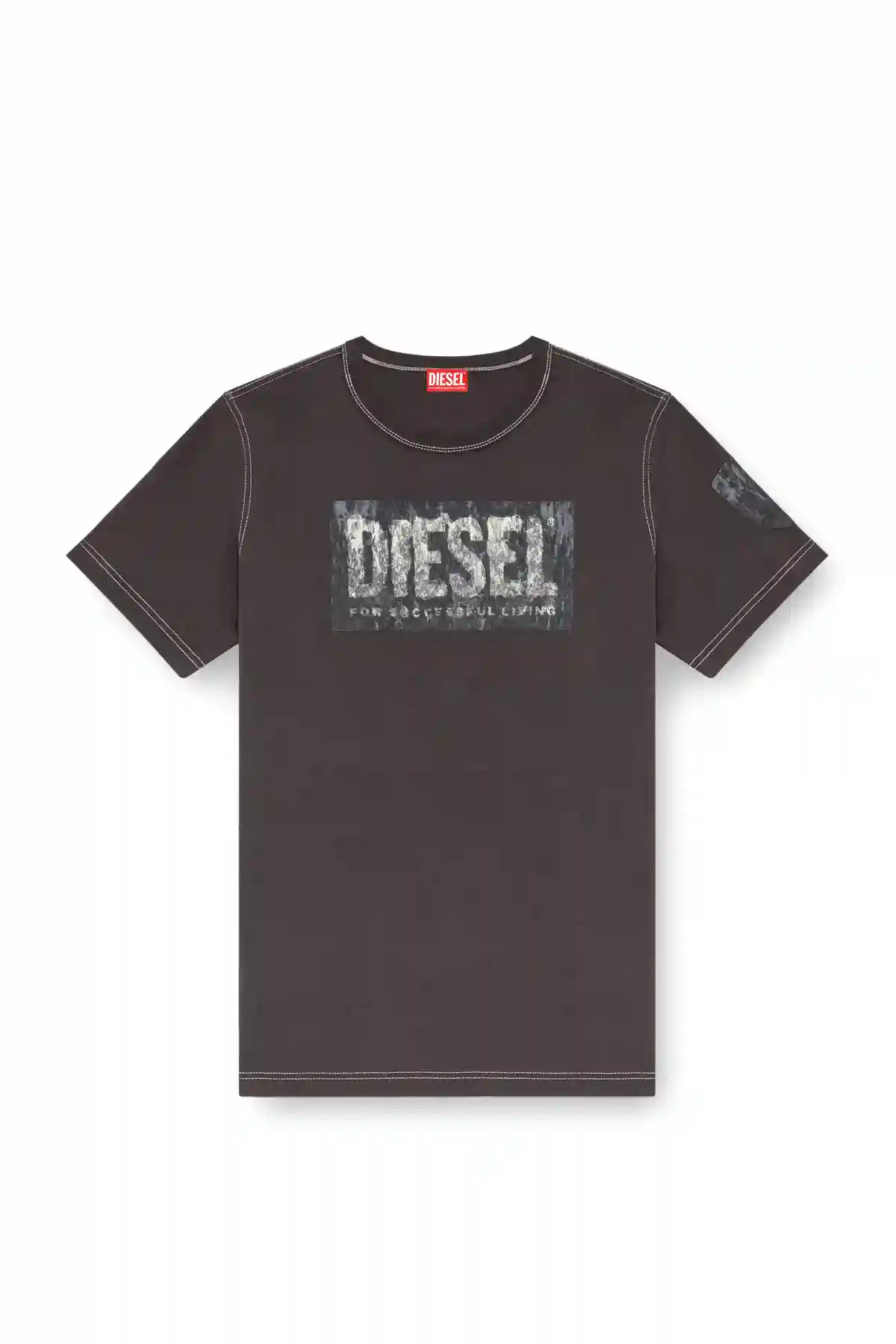grey T-shirt with graphic patches