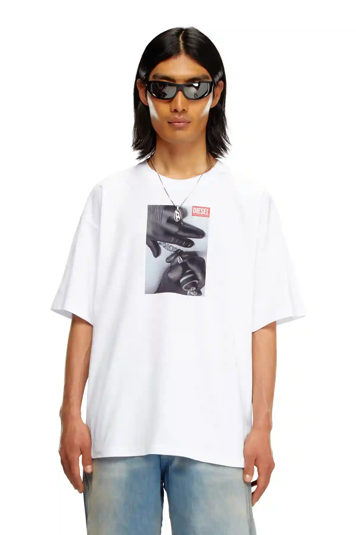 white T-shirt with tattoo glove print