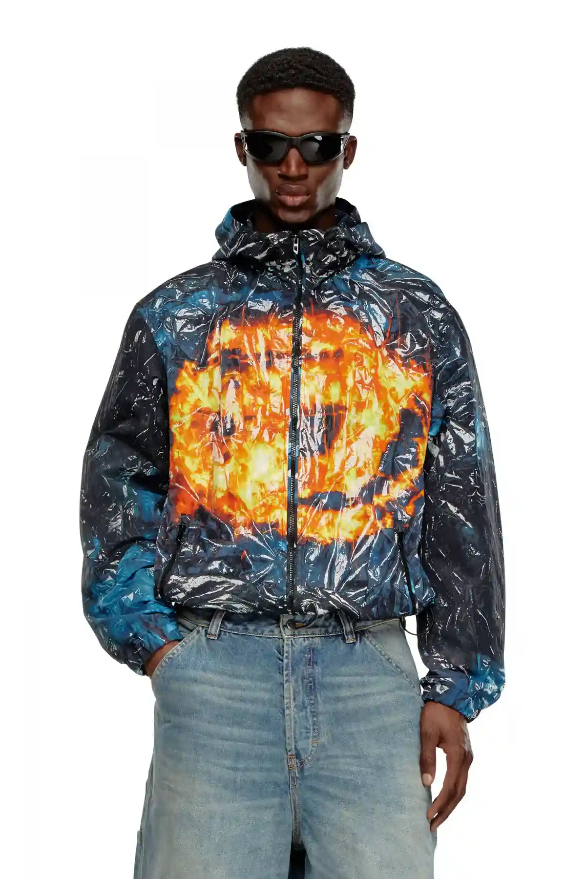 Multi Hooded windbreaker with poster print