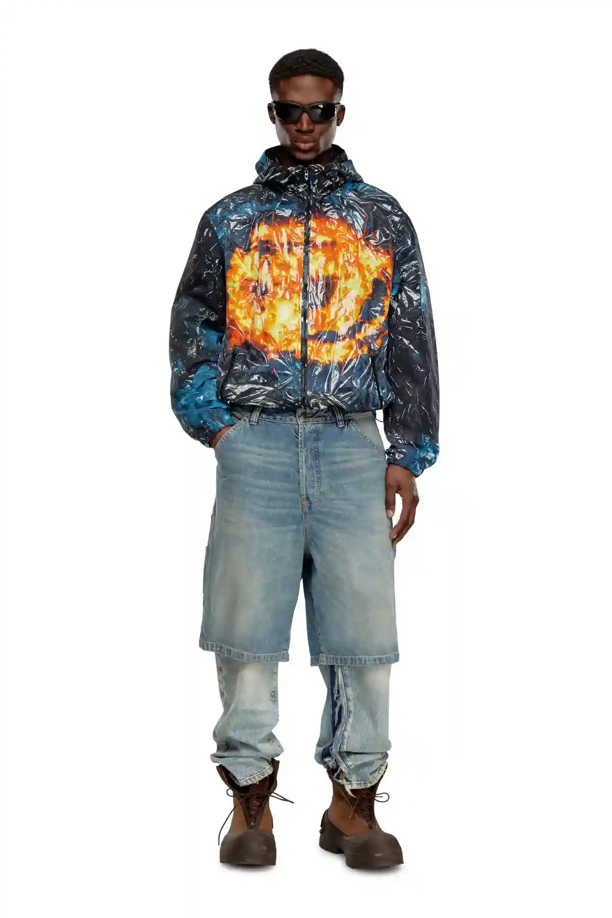 Multi Hooded windbreaker with poster print