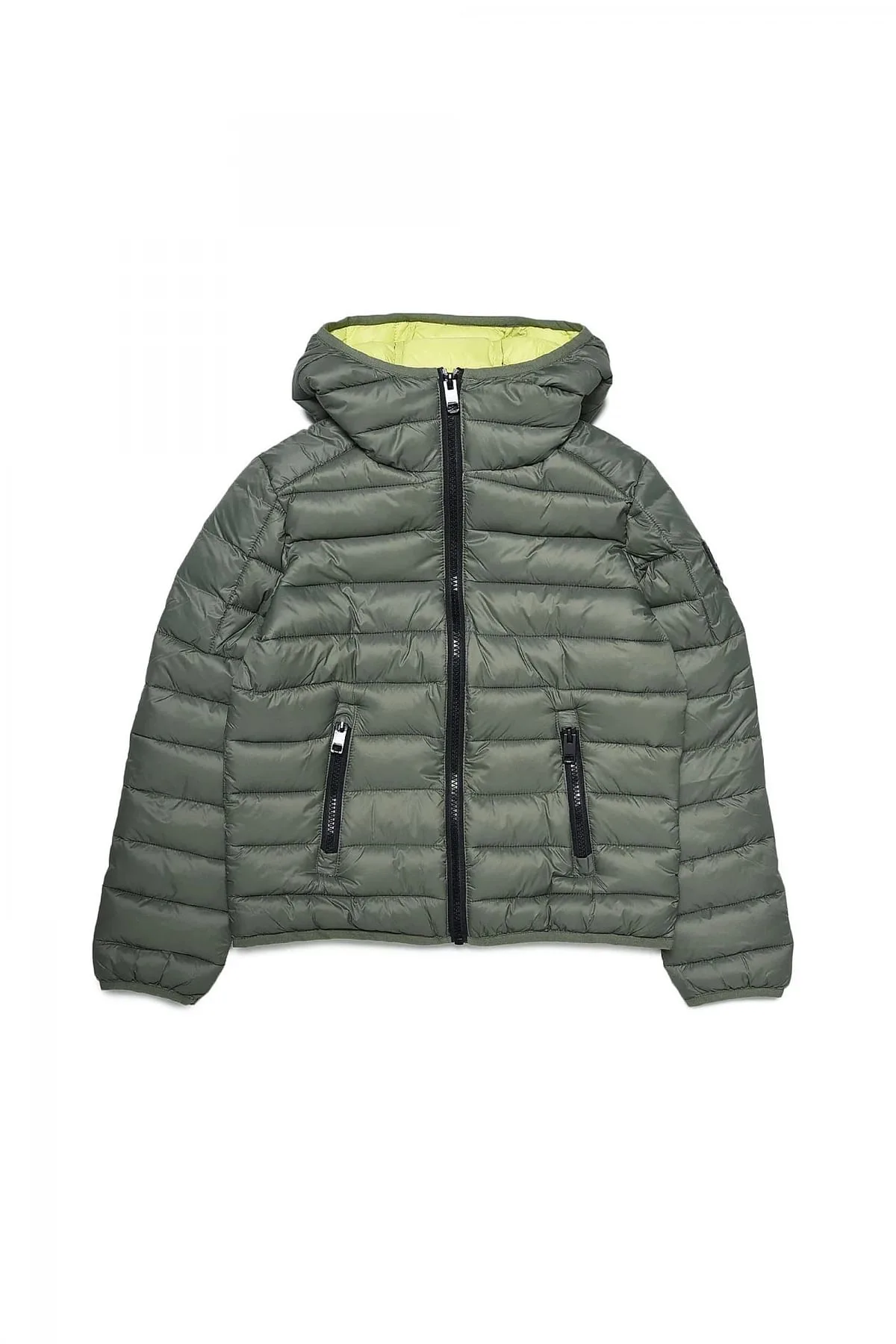 Green Puffer jacket with narrow quilting