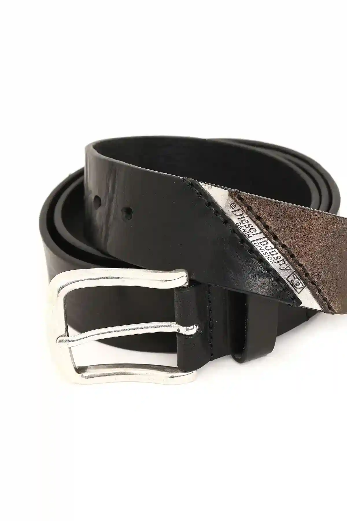 Black Treated leather belt with diesel logo