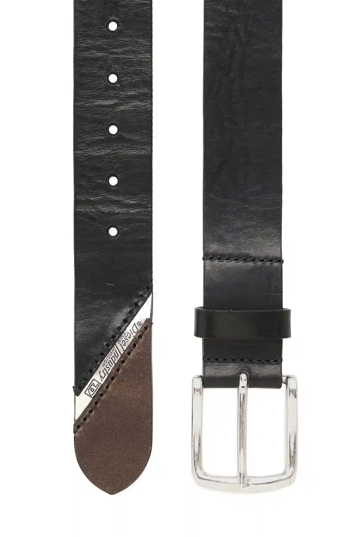 Black Treated leather belt with diesel logo