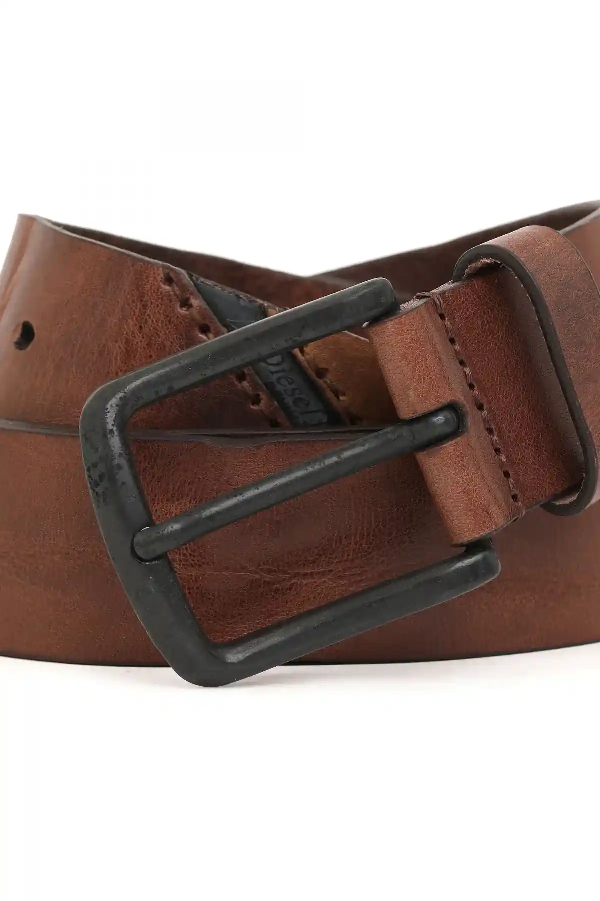 Brown Treated leather belt with diesel logo